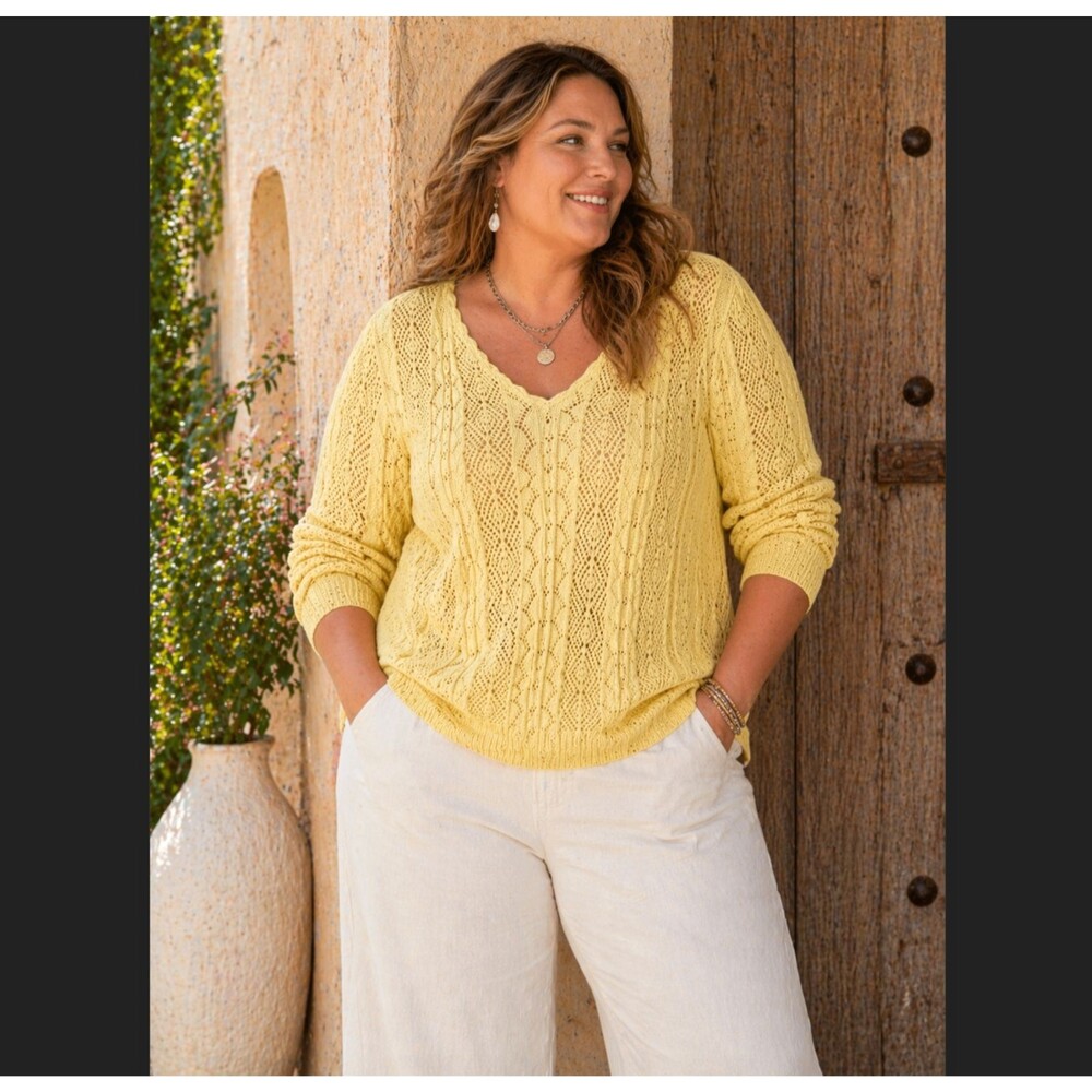 Sundance Pointelle Knit Sweater XXL Yellow Cotton Linen Boho V Neck Meadow Beach